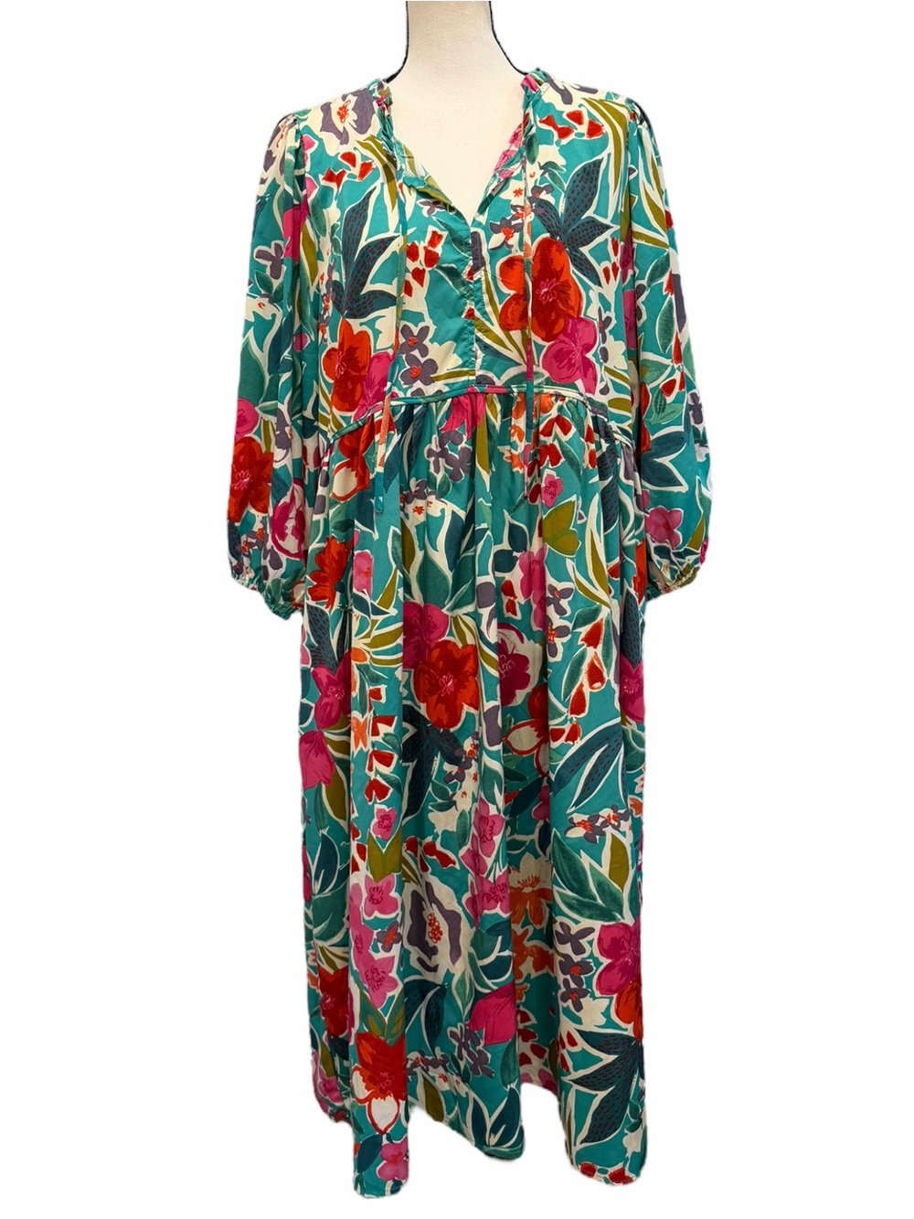 Umgee Womens Dress Plus Sz 1X Teal Pink Red Tropical Floral Boho 3/4 Sleeve Midi